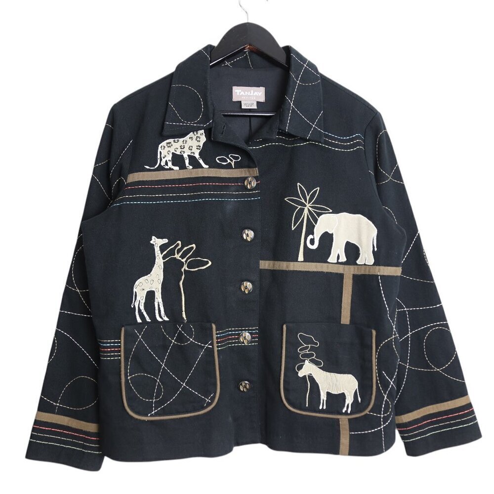 Vintage TanJay Petites Animal Embroidered Button Down Twill Jacket Size Medium